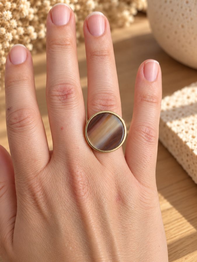 Bague cabochon réglable en acier inoxydable et rond de corne, caramel