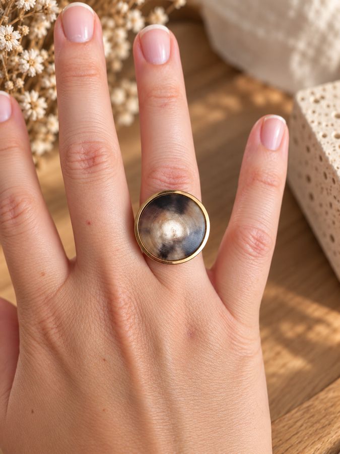 Bague cabochon réglable en acier inoxydable et rond de corne, cœur clair
