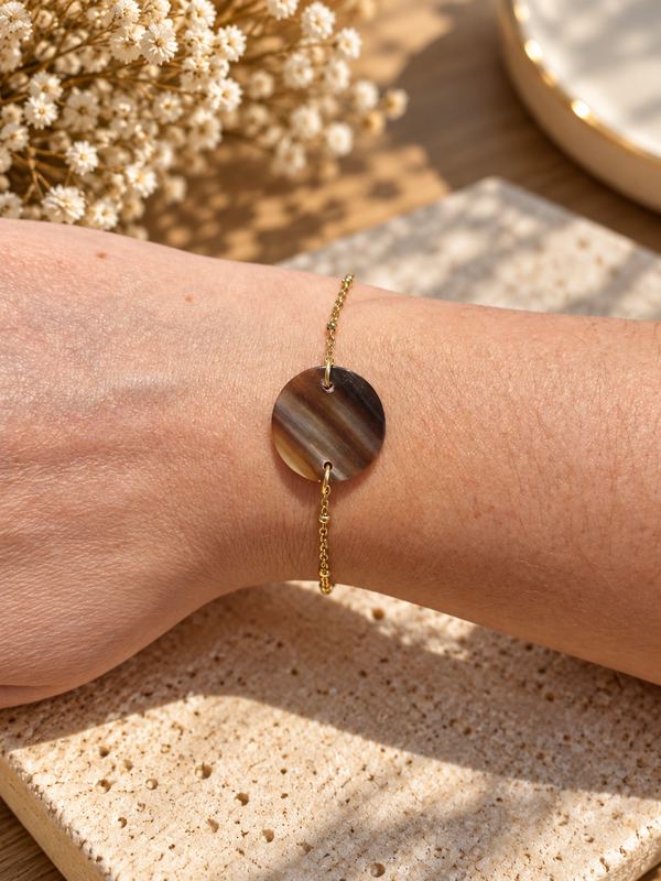 Bracelet réglable à chaîne satellite en acier inoxydable et rond de corne
