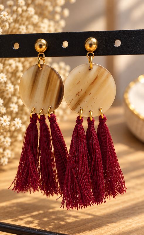 Boucles d’oreilles rond de corne et pampilles framboise, en acier inoxydable