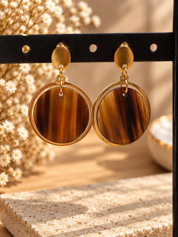 Boucles d’oreilles rond de corne et cercle doré, en acier inoxydable