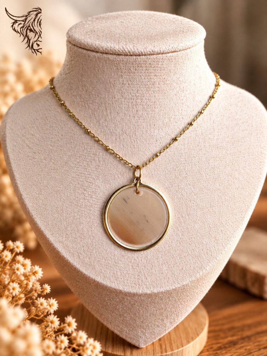 Collier cercle doré et rond de corne, chaîne satellite, beige caramel nuancé