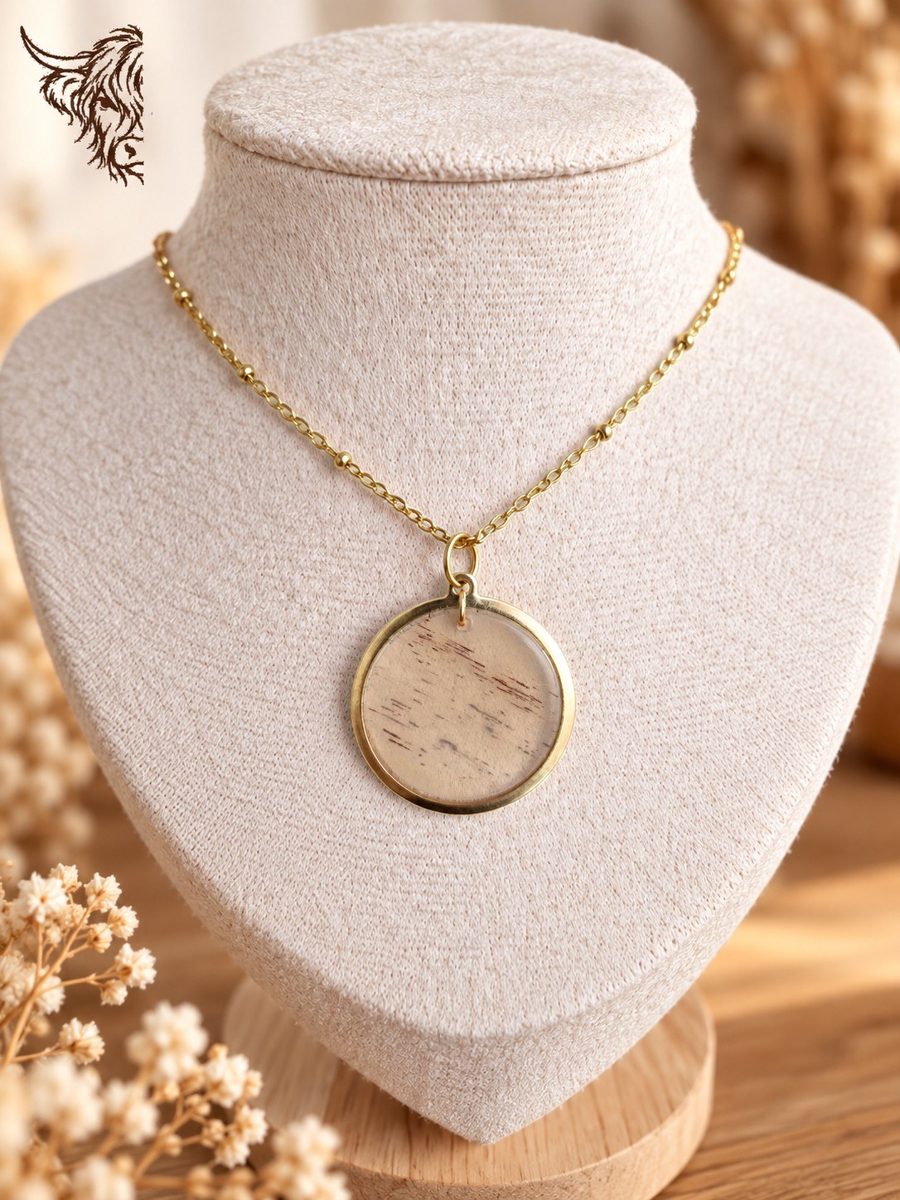 Collier cercle doré et rond de corne, chaîne satellite, clair aux fines veines brunes