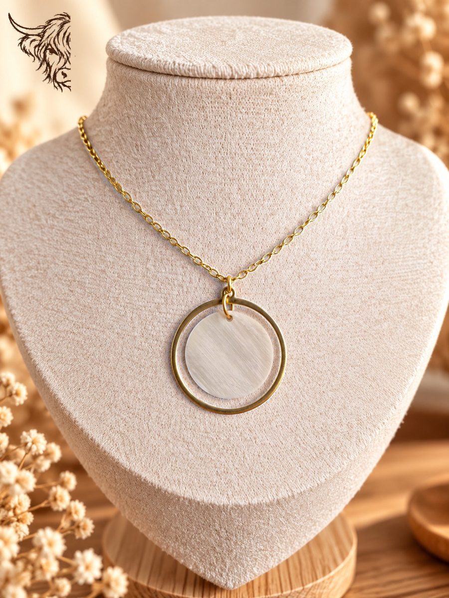 Collier cercle doré et rond de corne, chaîne maille forçat, blanc nacré