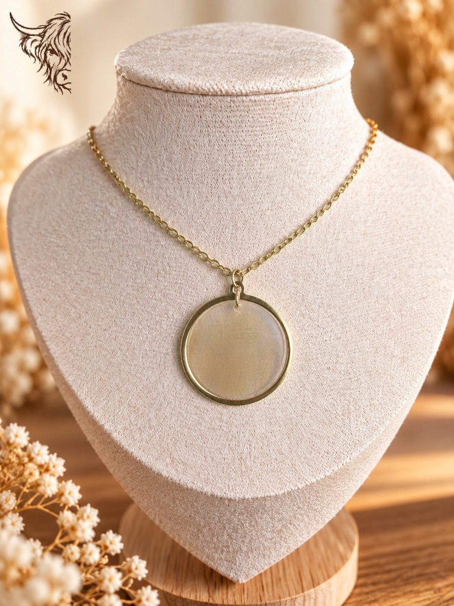 Collier cercle doré et rond de corne, chaîne maille forçat, crème doré