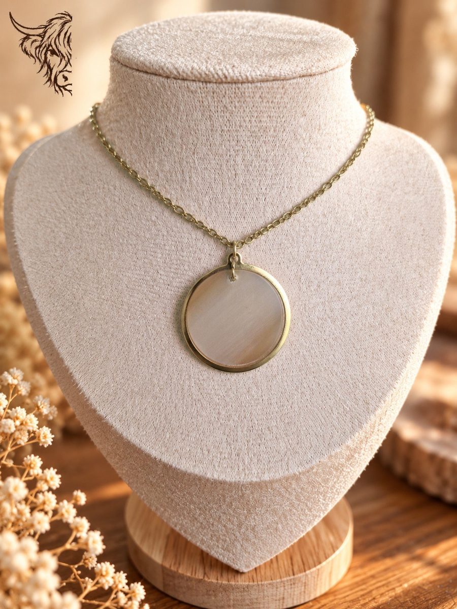Collier cercle doré et rond de corne, chaîne maille forçat, beige gris doux