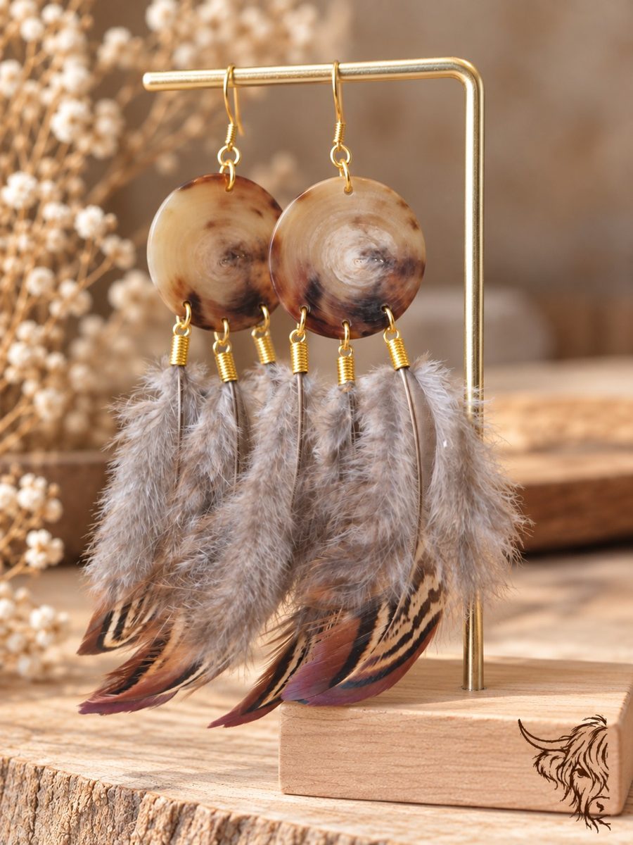 Boucles d’oreilles rond de corne et plumes de faisan