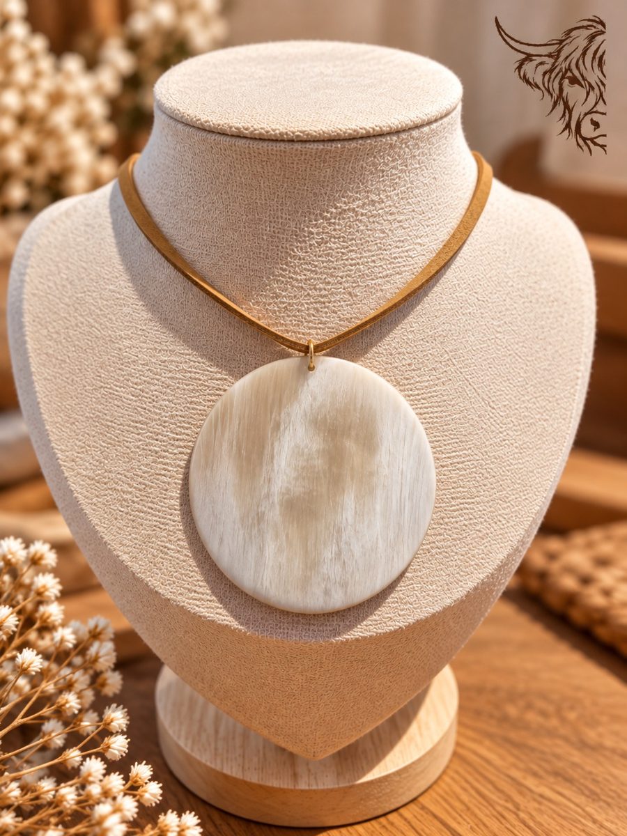 Collier sautoir rond de corne de Highland 50 mm, cordon en suédine ajustable, blanc crème