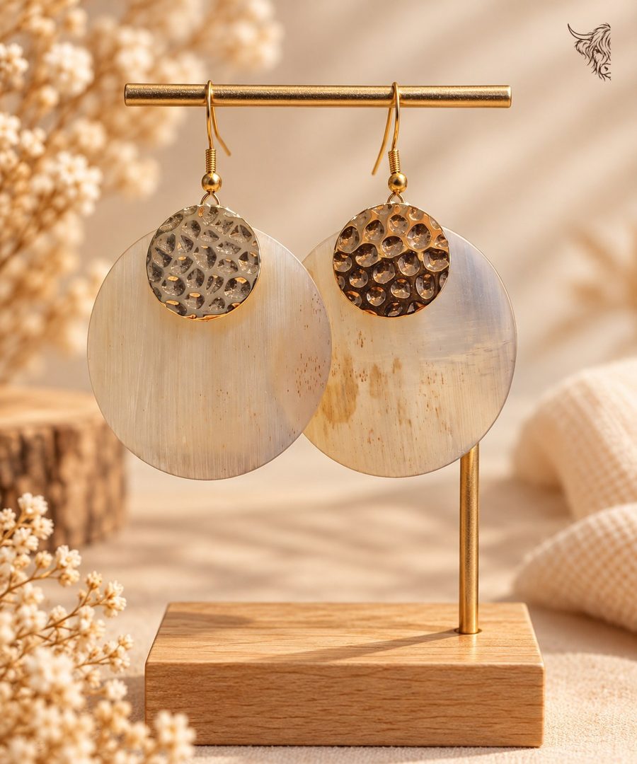Boucles d’oreilles grand rond de corne et disque martelé doré, crochets