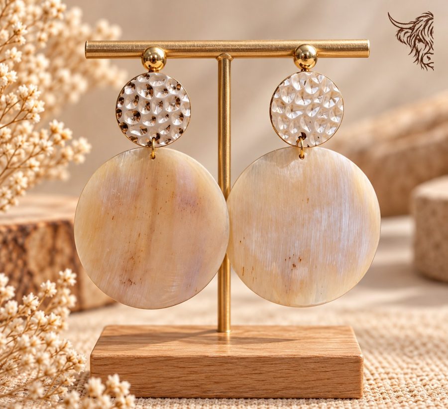 Boucles d’oreilles grand rond de corne et disque martelé doré, puces