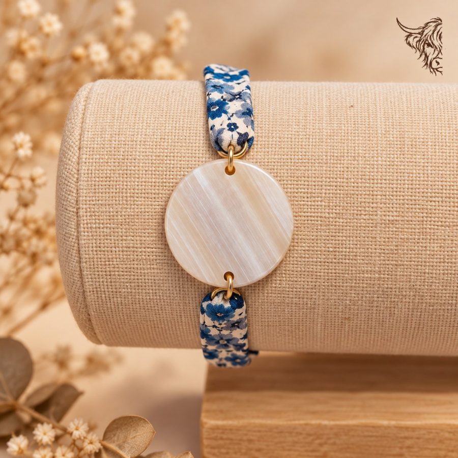 Bracelet en tissu Liberty bleu et rond de corne de Highland, ajustable